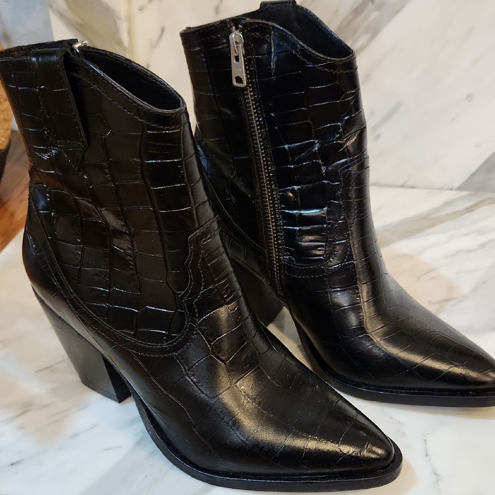All Saints Black Croc-Patterned Ankle Booties